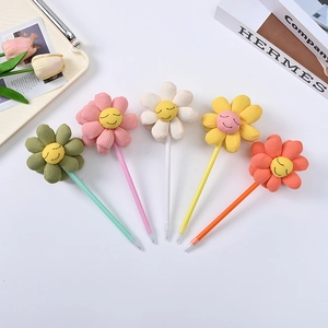 5pcs set of colorful flower ballpoint pens with smiley face corduroy decorative tops