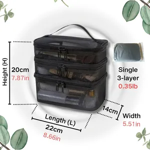 Three-layer black mesh toiletry bag with dimensions 22x14x20cm for large capacity travel storage