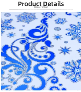 Detailed view of blue Christmas snowflake static stickers with silver glitter finish