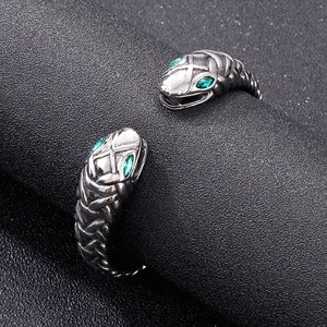 Men Stainless Steel Open Bangle Double Snake Head Green Zircon Eyes Braided Texture Punk Gothic Retro Cuff Bracelet