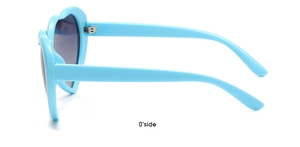Side view of light blue heart-shaped sunglasses with dark lenses on a white background