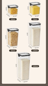 Detailed size chart for five transparent food storage canisters showing capacities and dimensions