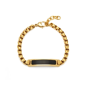 18K gold plated stainless steel Cuban bracelet with black crystal bar and lobster clasp