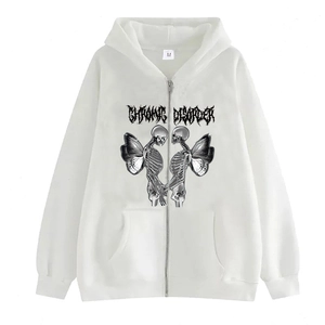 Detail of gothic skeleton butterfly print on white zip-up hoodie with silver zipper