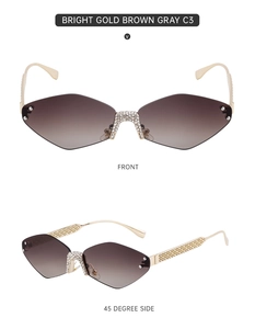 Detail view of rimless geometric sunglasses with diamond accents and gold hollowed temples