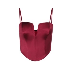 Elegant wine red satin camisole top with deep V-neck and delicate straps on white background