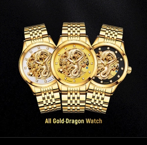 Détails des cadrans de montre automatique dragon doré disponibles en trois coloris variés