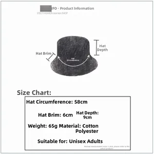 Size guide for cotton blend bucket hat with 58cm circumference and 6cm brim dimensions