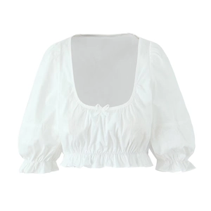 Detailed view of white square neck puff sleeve crop top with a front bow decoration