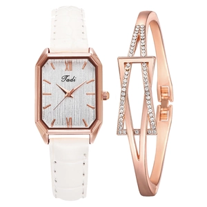 Detail of rose gold octagonal watch and matching rhinestone bangle bracelet gift set