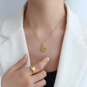 Mermaid Tail Round Pendant Necklace Titanium Steel 18K Gold Plated Wave Satellite Chain Minimalist Style For Women