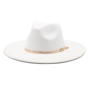 Elegant white wide brim wool fedora hat with a polished gold leather belt buckle detail