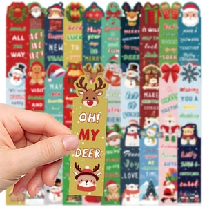 Detailed close-up of colorful Christmas bookmarks with cute cartoon holiday illustrations