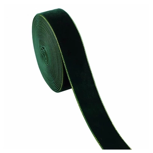 Close-up of deep green velvet ribbon with gold edges for DIY Christmas tree decor