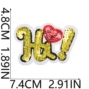 Sequin Hi! embroidery patch with dimensions 7.4x4.8cm on a white background
