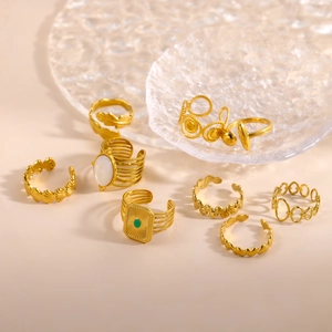 Vintage gold open rings featuring shell inlays and green gemstone accents for women