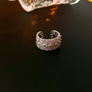 Vue détaillée d'une bague ouverte en argent avec des rangées de zircons scintillants