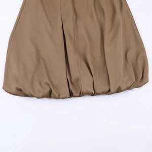 Brown woven midi skirt featuring a trendy puff balloon hem with matching belt design