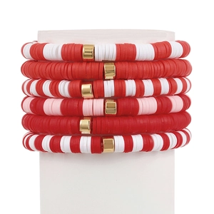Bohemian set of 6 red and white clay heishi bead stretch bracelets with gold accents