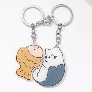 Acrylic cat and fish magnetic heart keychain set for couples with interlocking design