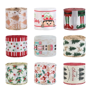 Set of 9 Christmas ribbons with elf, nutcracker, and cedar tree patterns for gift wrapping