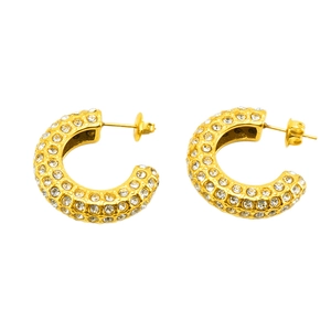 Fashion C-shape stainless steel earrings with sparkling crystals on white background