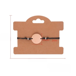 Detailed measurement of 20mm rose gold round disk on adjustable black braided cord bracelet