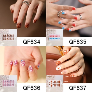 Detail showing four nail sticker designs including leopard print and floral patterns