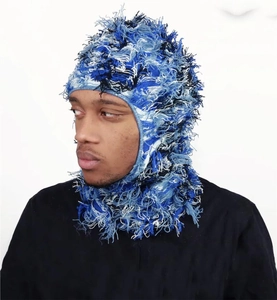 Detail of blue knit balaclava hat showing long hairy texture and camouflage knit pattern