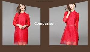 Detailed comparison of red floral lace dress with and without waist chain accessory