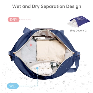 Detail of wet and dry separation compartment in dark blue gym bag with two shoe covers