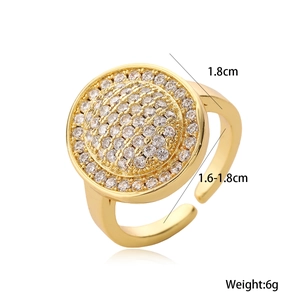 Detailed size view of an 18K gold plated zircon ring with dimensions and 6g weight