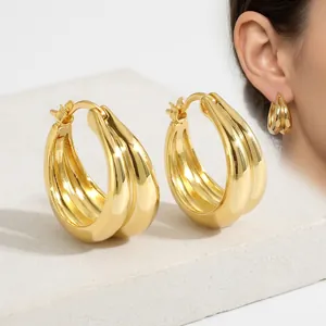 Pendientes de Aro Rayados de Cobre Bañados en Oro de 18K para Mujer Estilo Europeo Pendiente Geométrico Con Poste de Plata de Ley 925