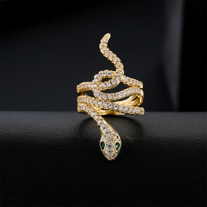 Luxury Snake Ring Copper Gold Plated AAA Zircon Green Eye Adjustable Open Finger Statement Jewelry For Women