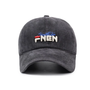 Washed dark gray baseball cap with vintage embroidered letters and soft top design