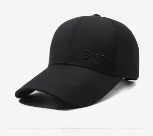 Detail of black cotton baseball cap with 3D embossed 'SPORT' embroidery on the side