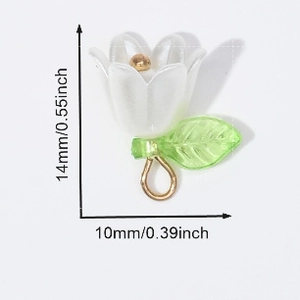 Macro shot of white cherry flower pendant with size measurements 14mm by 10mm