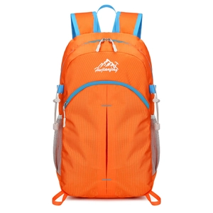 Foldable orange outdoor backpack with water-resistant ripstop nylon and blue straps