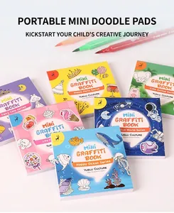 Detail of 6 mini cartoon coloring books set with 3 markers for kids creative drawing