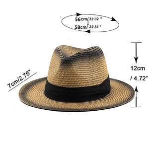 Straw fedora beach hat with ombre gradient black edges and size guide specifications