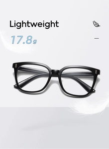 Detail shot of lightweight 17.8g square black glasses frames with a feather graphic