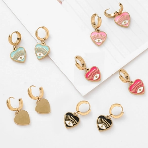 Fashionable stainless steel heart-shaped evil eye enamel earrings in multiple colors