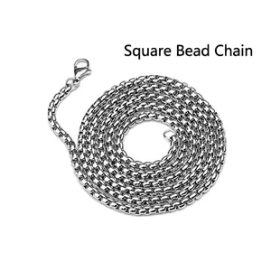 Detailed close-up of a silver stainless steel box chain with a lobster claw clasp