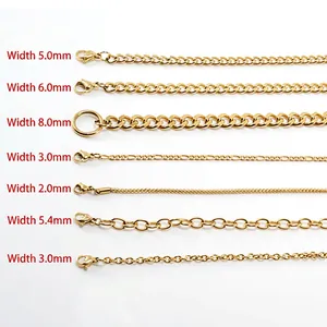 Various styles of gold stainless steel Cuban and Figaro chains in multiple widths
