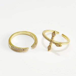 925 Sterling Silver Adjustable Open Rings For Women Gold Plated Micro Pave Zircon Cross Chevron V Shape Minimalist Jewelry