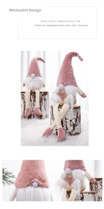 Macro detail of plush pink Christmas gnomes with long white beard and sequin hats
