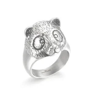 Men 316L Stainless Steel Panda Head Ring 3D Relief Animal Punk Retro Hip Hop Jewelry