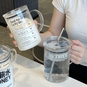 Glass Mug With Straw And Lid Large Capacity Borosilicate Heat Resistant Transparent Water Cup Creative Print Office