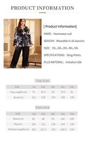 Detailed size chart for plus size floral silk homewear set ranging from 1XL to 5XL