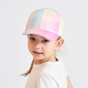 Kids gradient pink yellow blue baseball cap with breathable six-panel ponytail design